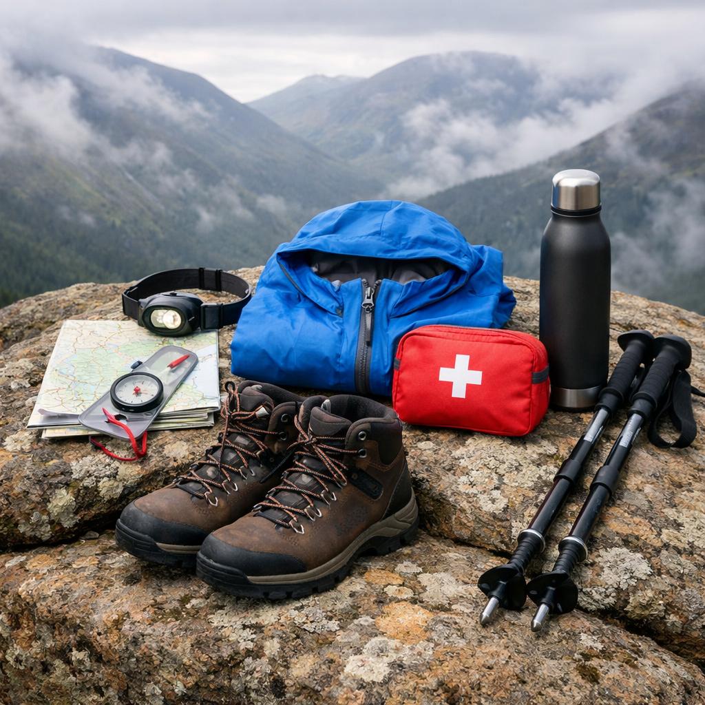 Compass headlamp first aid hiking safety gear