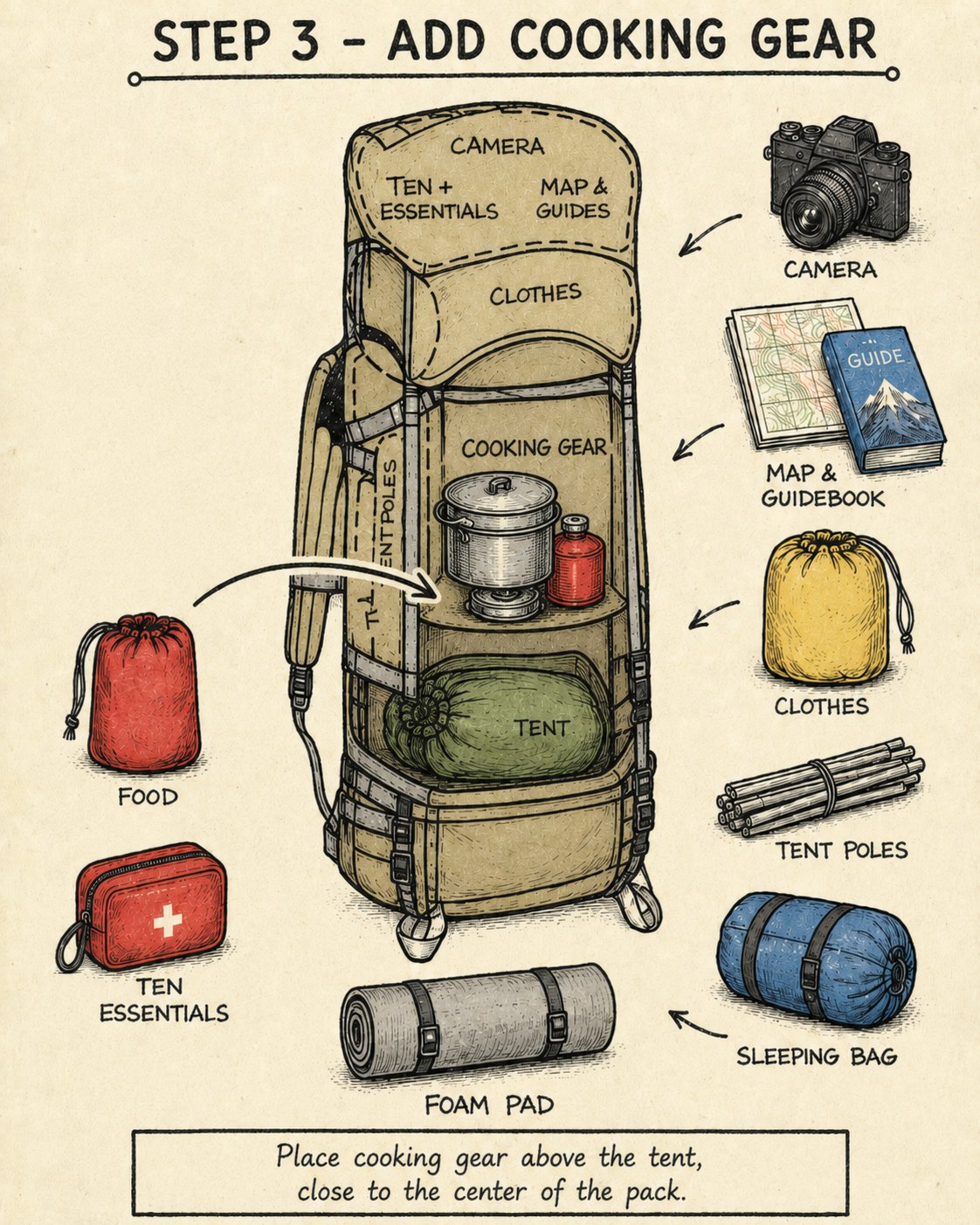 Cook pot, stove and fuel canister placed above the tent in the center of the pack for balance