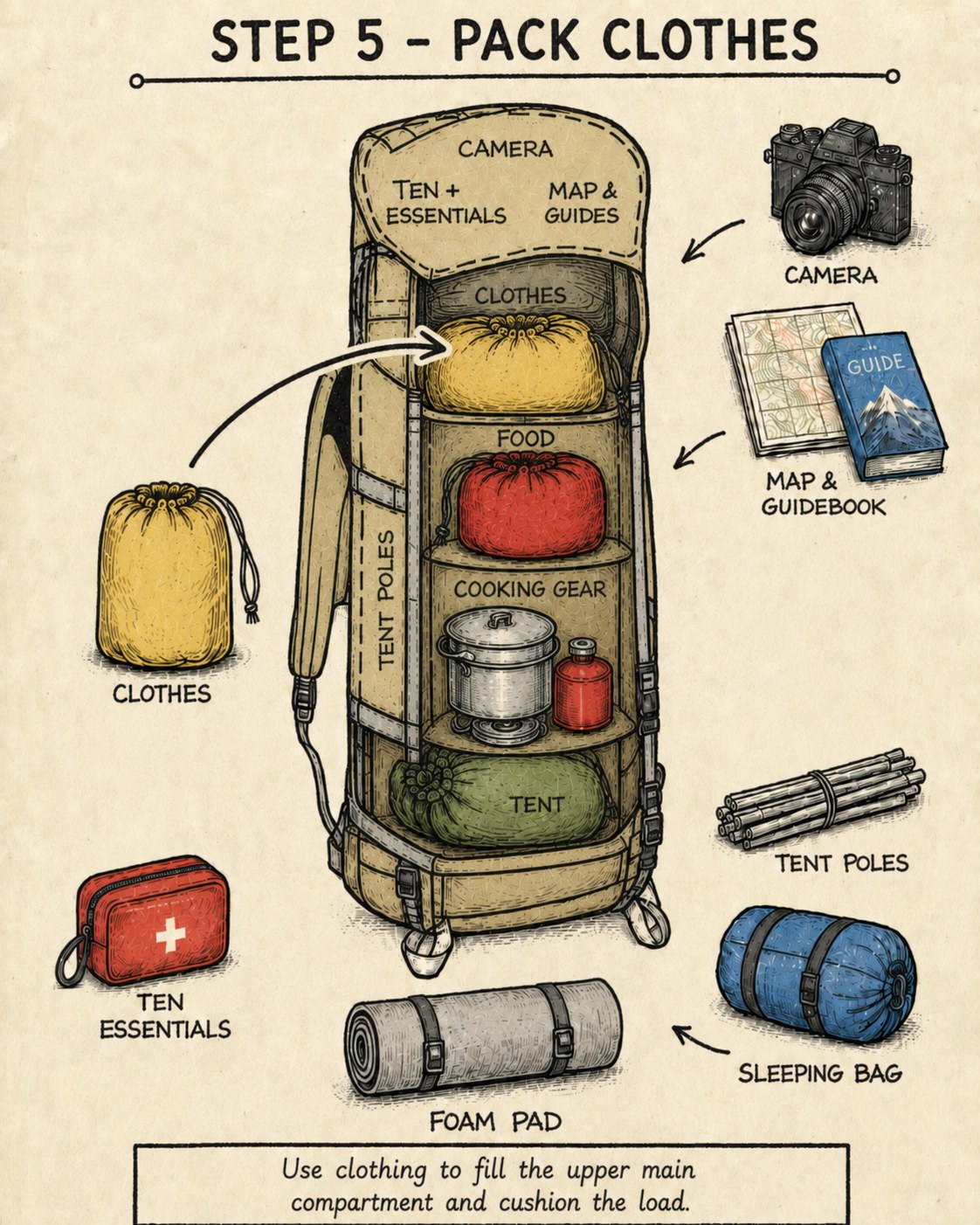 Clothing stuff sack filling the top of the main compartment to cushion the load beneath it