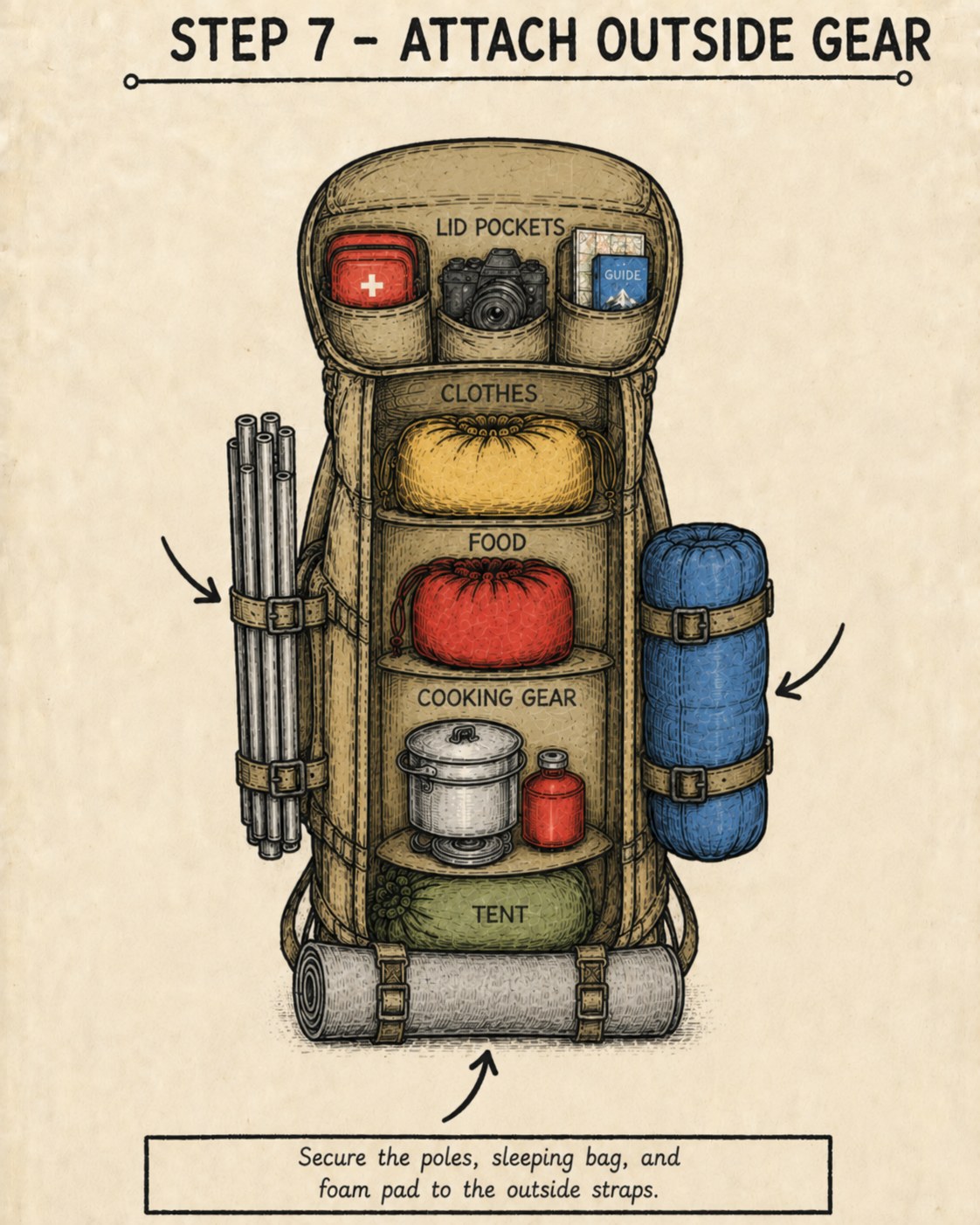 Tent poles and sleeping bag strapped to the outside straps instead of inside the main compartment
