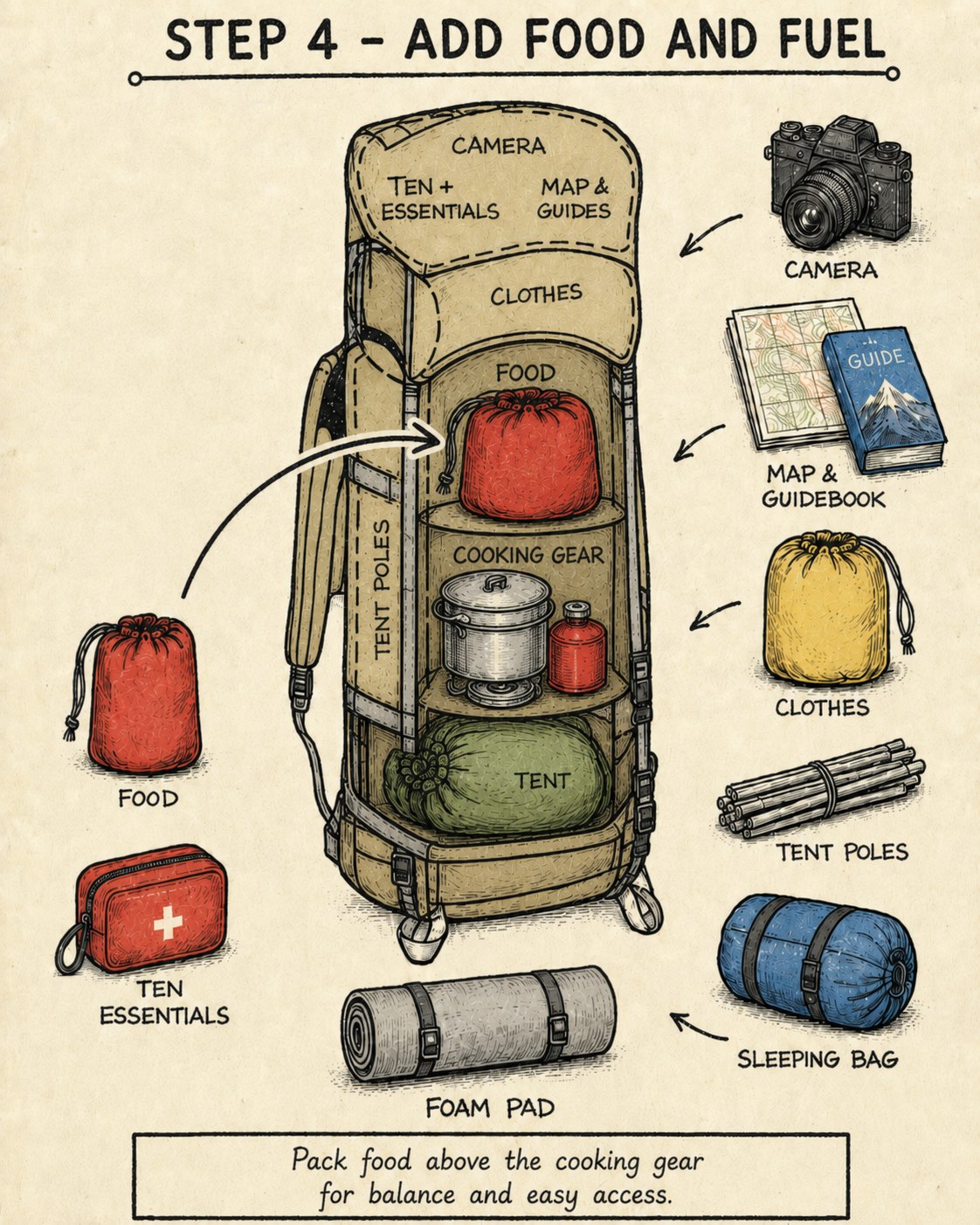 Food bag stacked directly above the cooking gear following the backpack packing order diagram