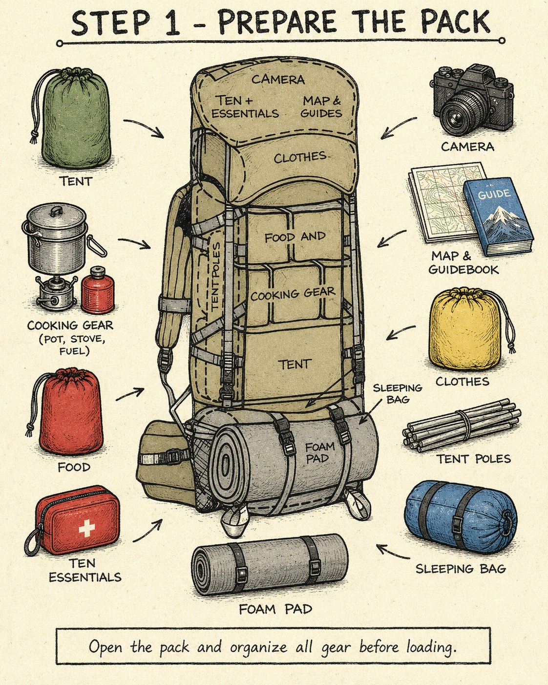 Flat-lay staging of gear before following a backpack packing order diagram, sorted by category on the floor
