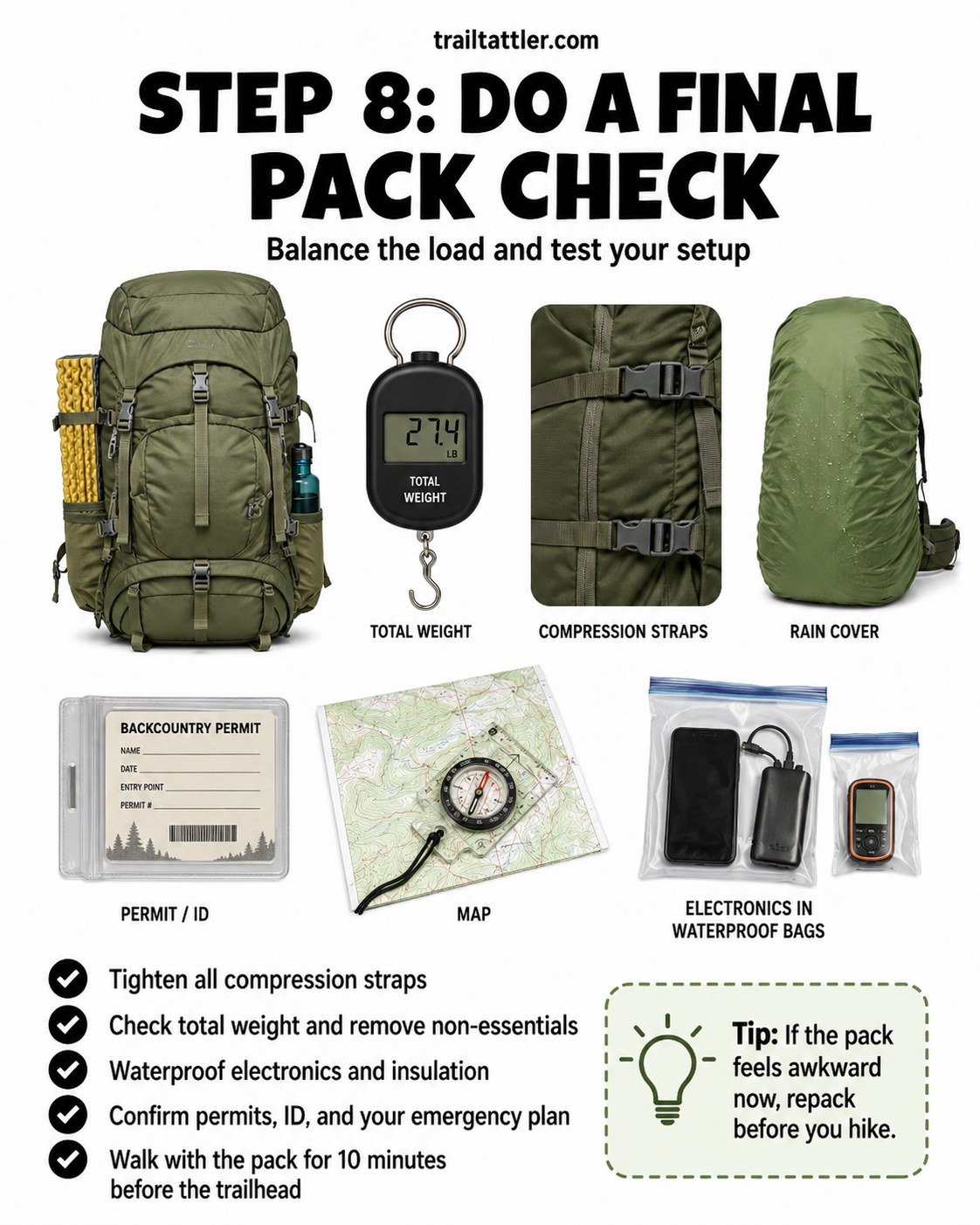 Backpacker weighing a loaded pack and checking permits during a final pack check before the trailhead