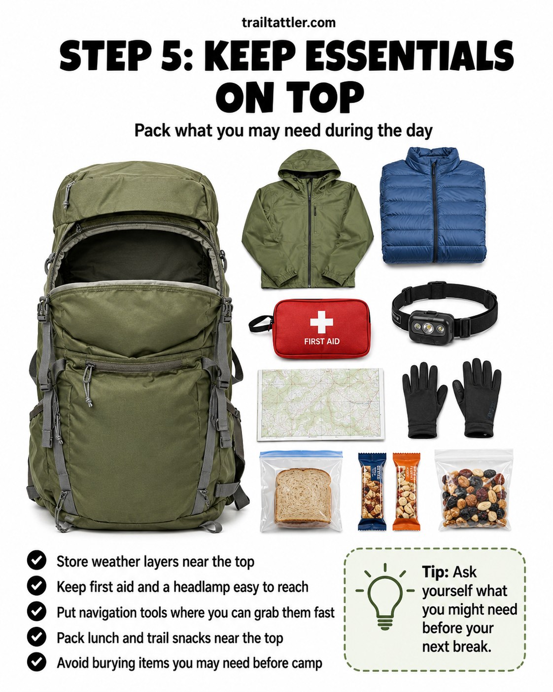 Rain layer, first aid kit, headlamp, and snacks packed near the top of a backpack for quick access