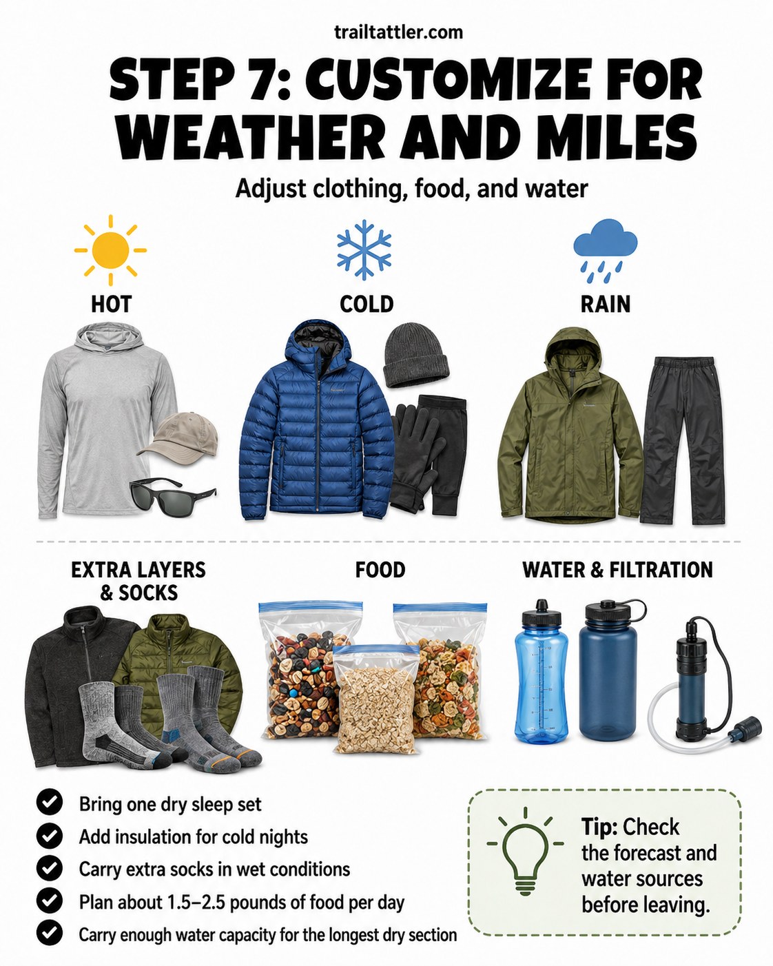 Hot, cold, and rain clothing options laid out for customizing a backpacking packing list by weather