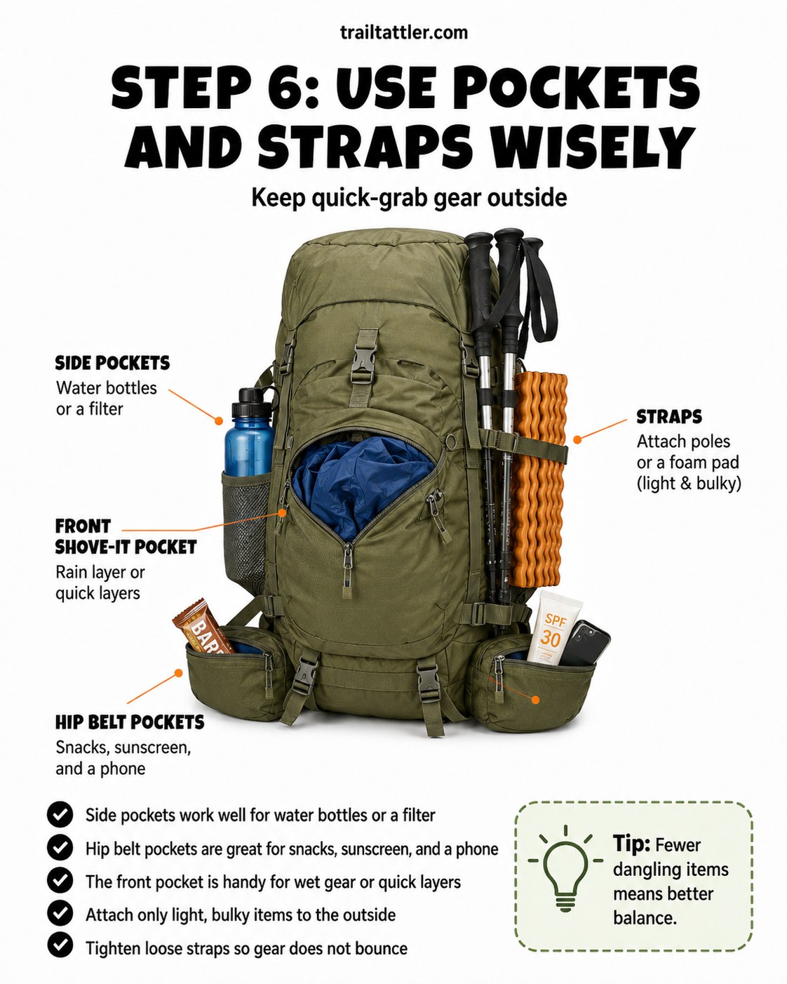 Water bottle, filter, and trekking poles attached to the side pockets and straps of a hiking pack