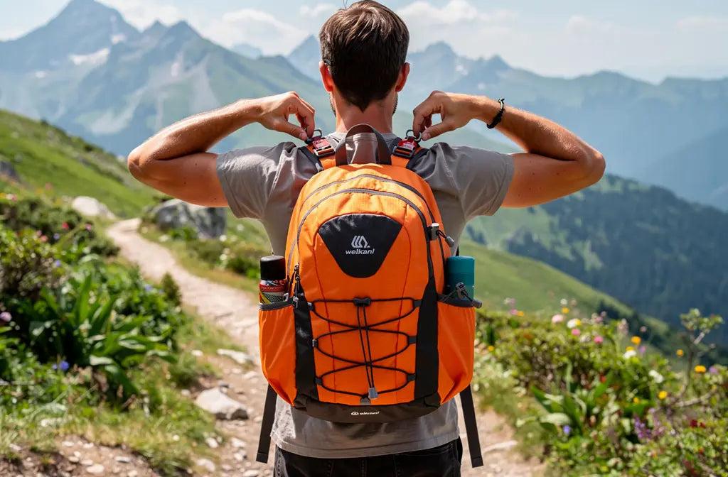 Hiker adjusting backpack straps