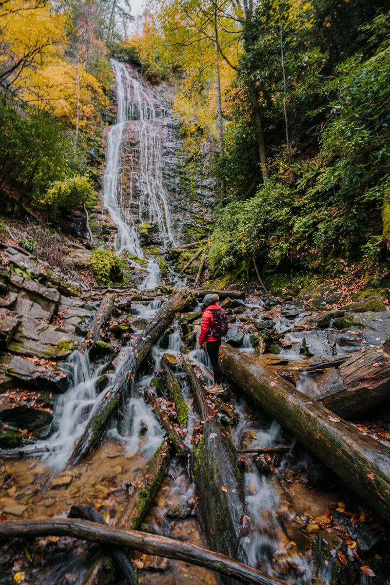 Waterfall hike surrounded by seasonal forest