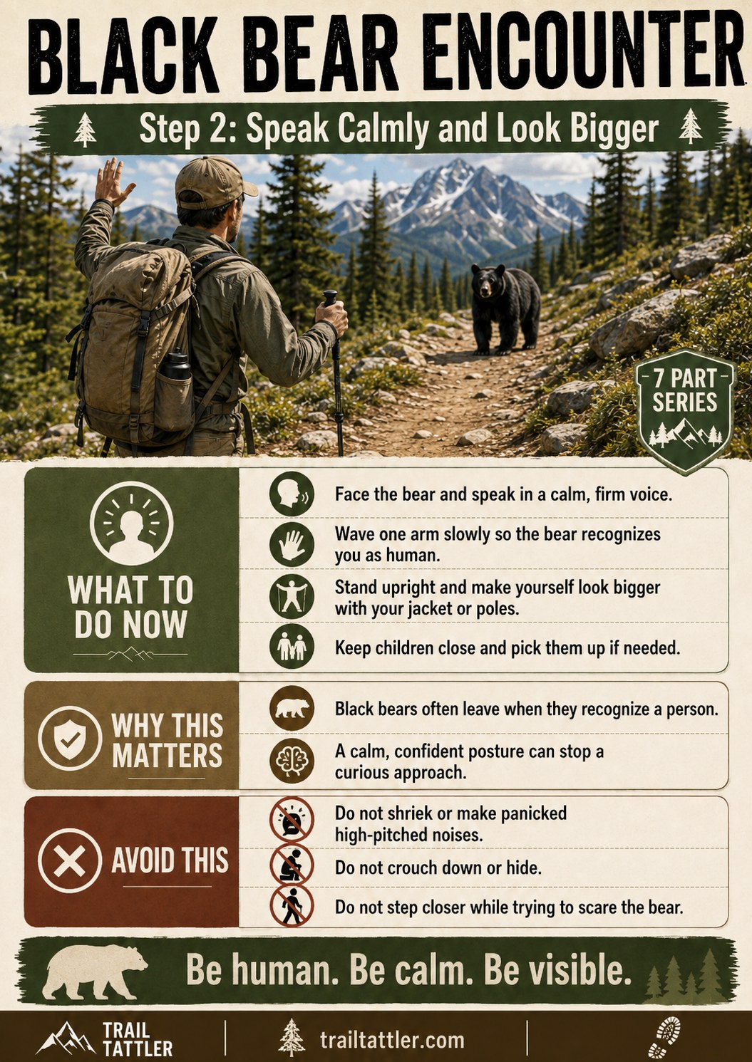Hiker speaking calmly and raising an arm during a black bear encounter to look bigger