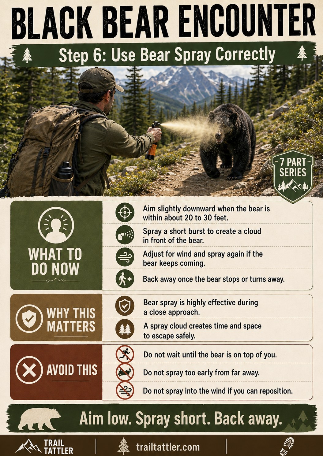 Hiker deploying bear spray correctly during a close-range black bear encounter on the trail