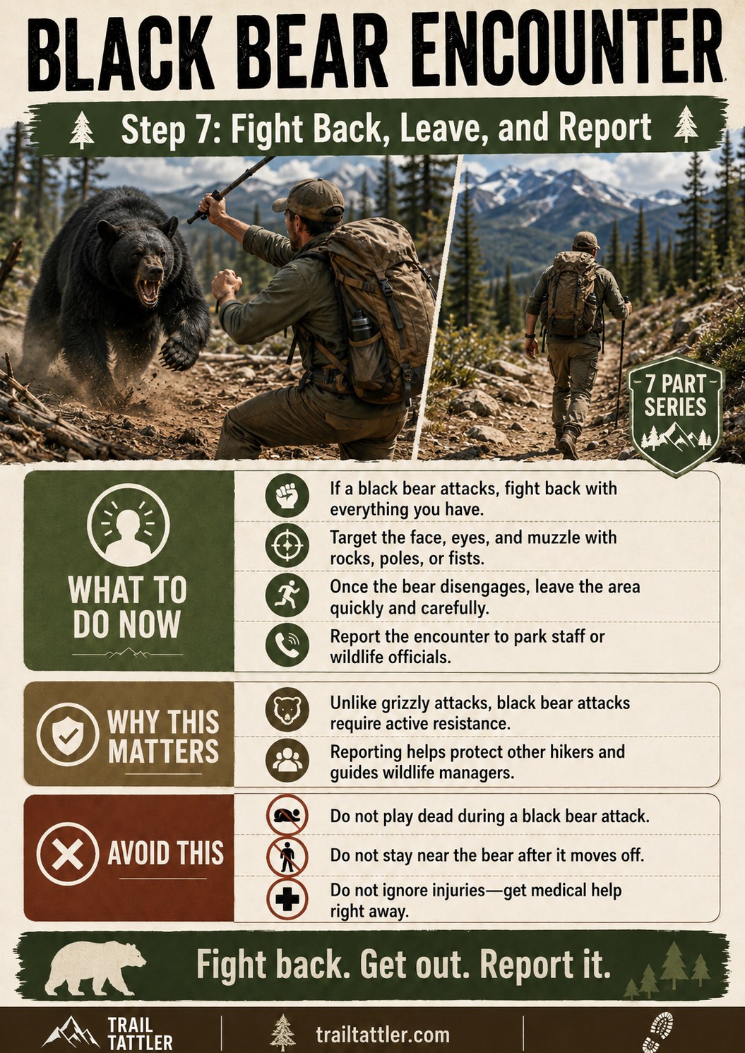 Hiker fighting back during a rare black bear attack before leaving the area to report it