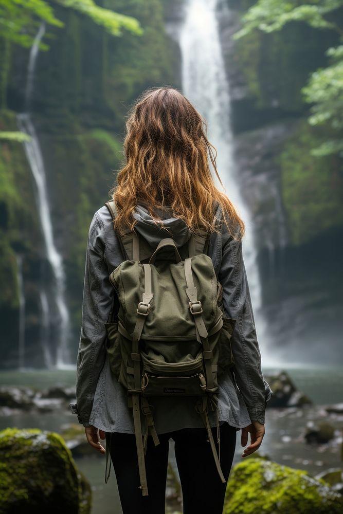 Back view hiker waterfall
