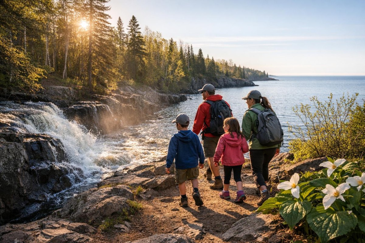 Family walking coastal waterfall path