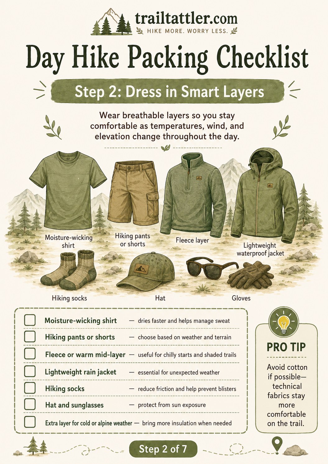 Day hike packing checklist graphic showing smart layering with moisture-wicking shirt, fleece and rain jacket