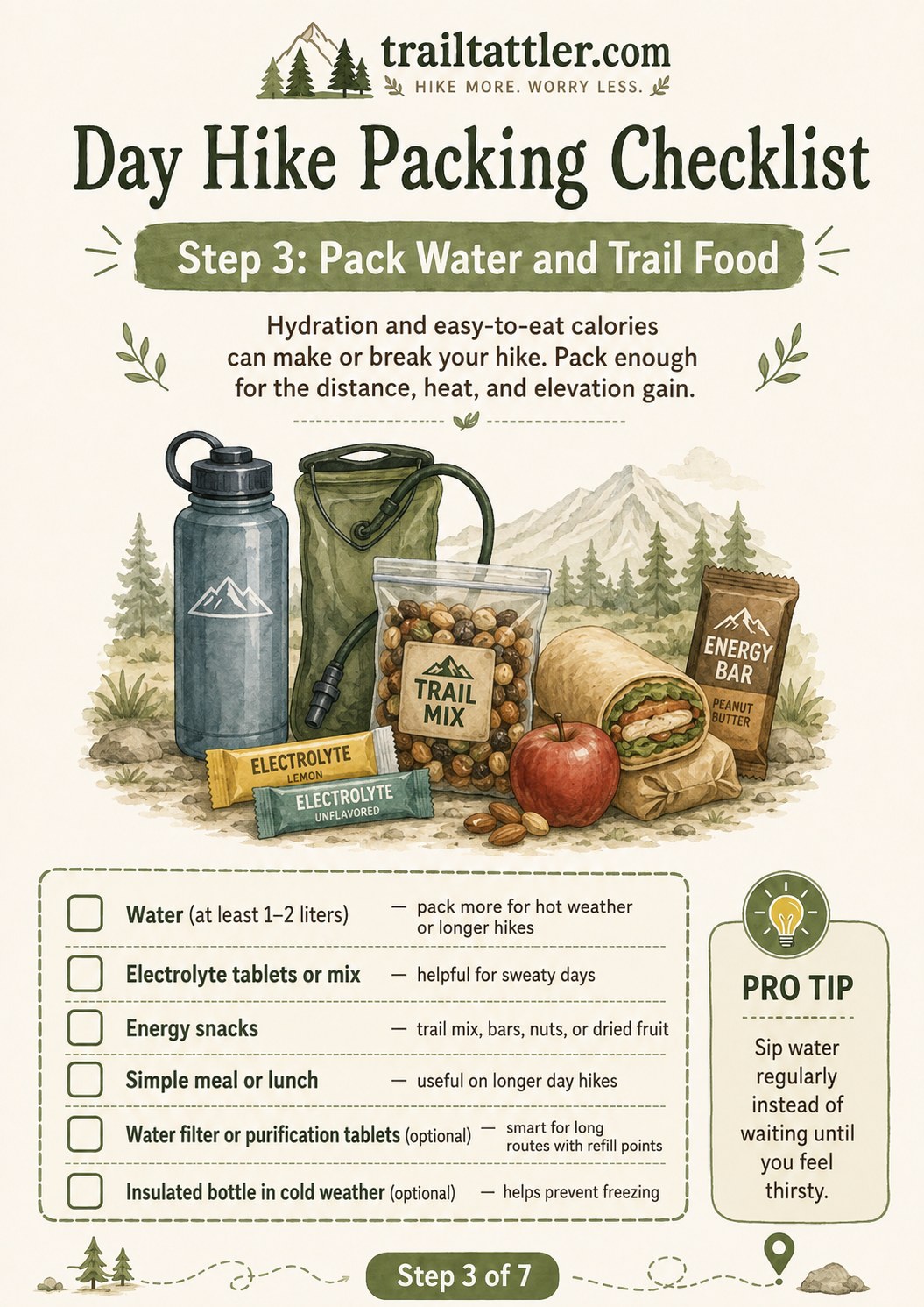 Day hike packing checklist image of water bottle, electrolytes and trail food for hydration and energy