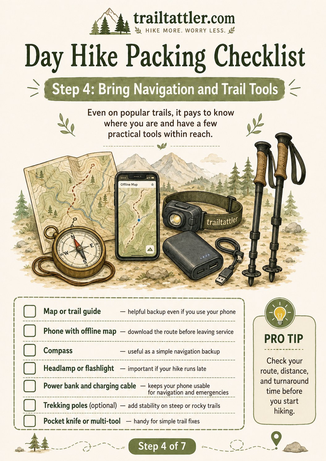 Navigation tools featured in a day hike packing checklist including map, compass, phone and headlamp