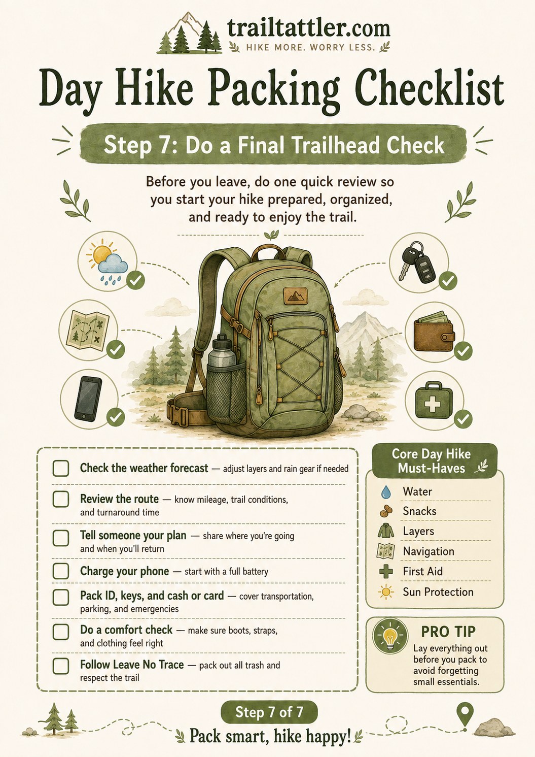 Final trailhead check step of the day hike packing checklist with backpack and core must-have icons