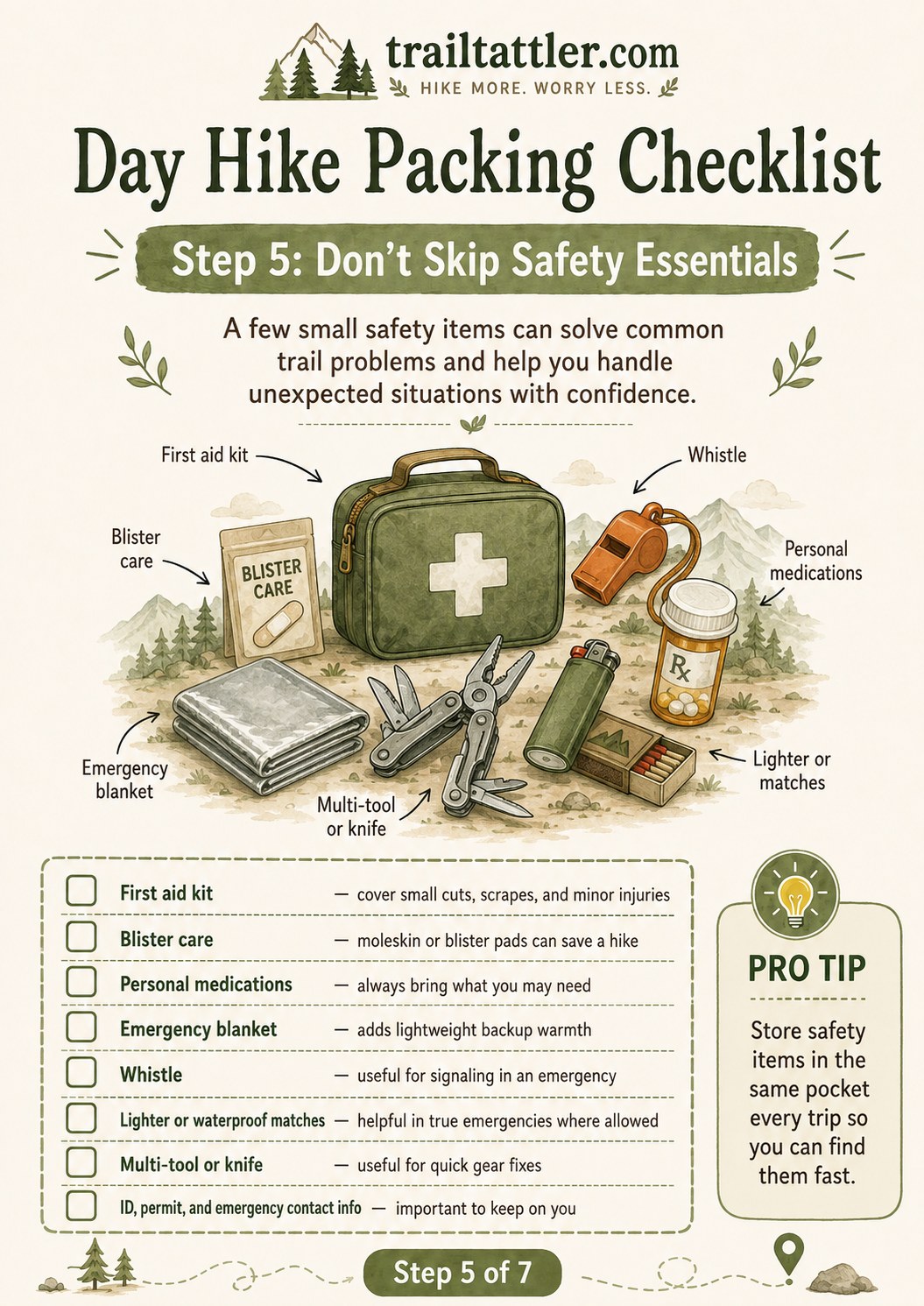 Safety essentials from a day hike packing checklist including first aid kit, whistle and emergency blanket