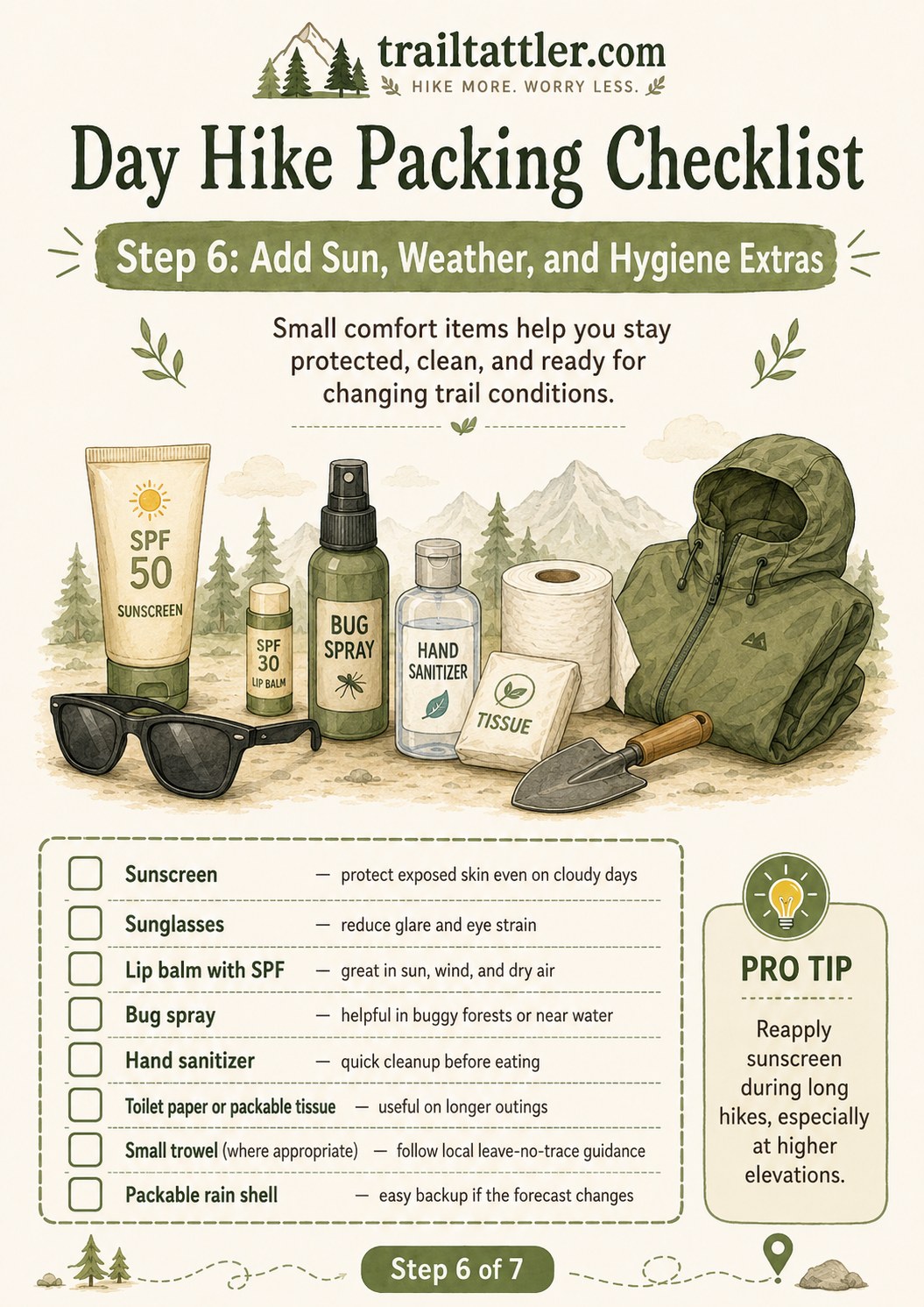 Sun, weather and hygiene extras from a day hike packing checklist including sunscreen and packable rain shell