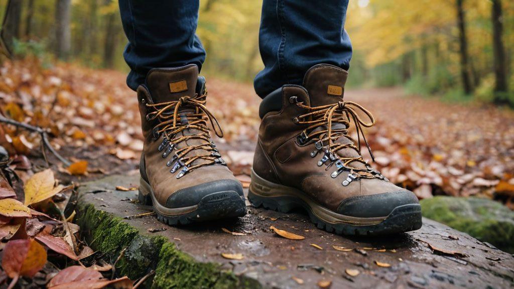 Hiking boots on autumn trail leaves