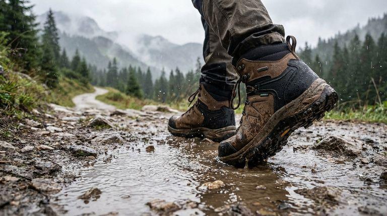 Waterproof hiking boots on muddy trail