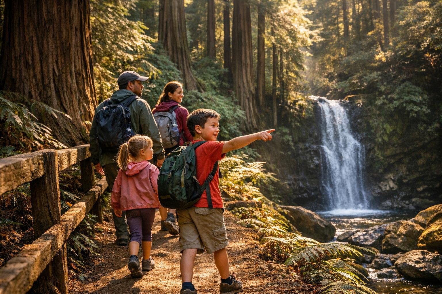 Family visiting waterfall trail