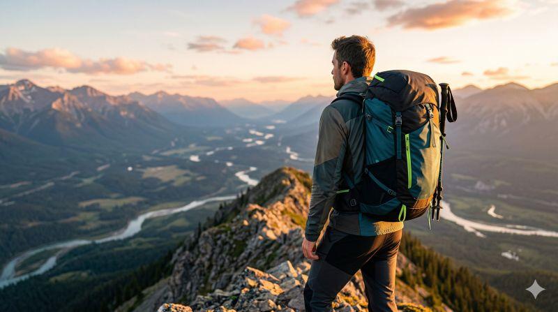 Backpacker enjoying mountain view