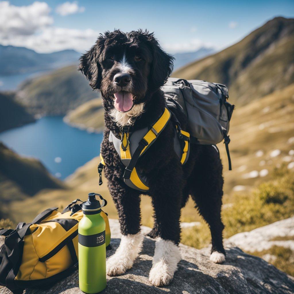 Dog hiking gear beside forest trail