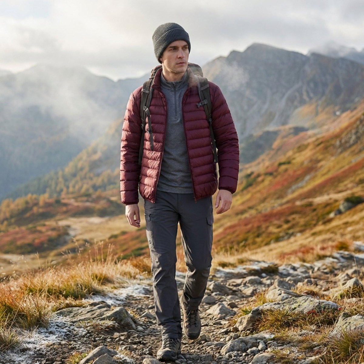 Hiker wearing warm layers autumn mountains