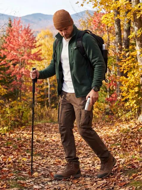 Hiker wearing cargo pants layered outfit