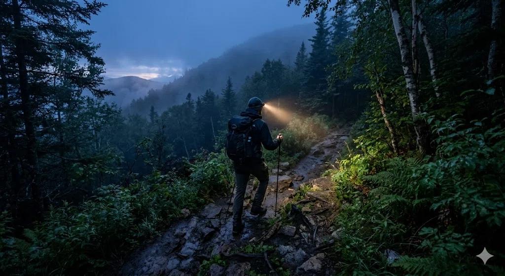 Headlamp on autumn hiking trail