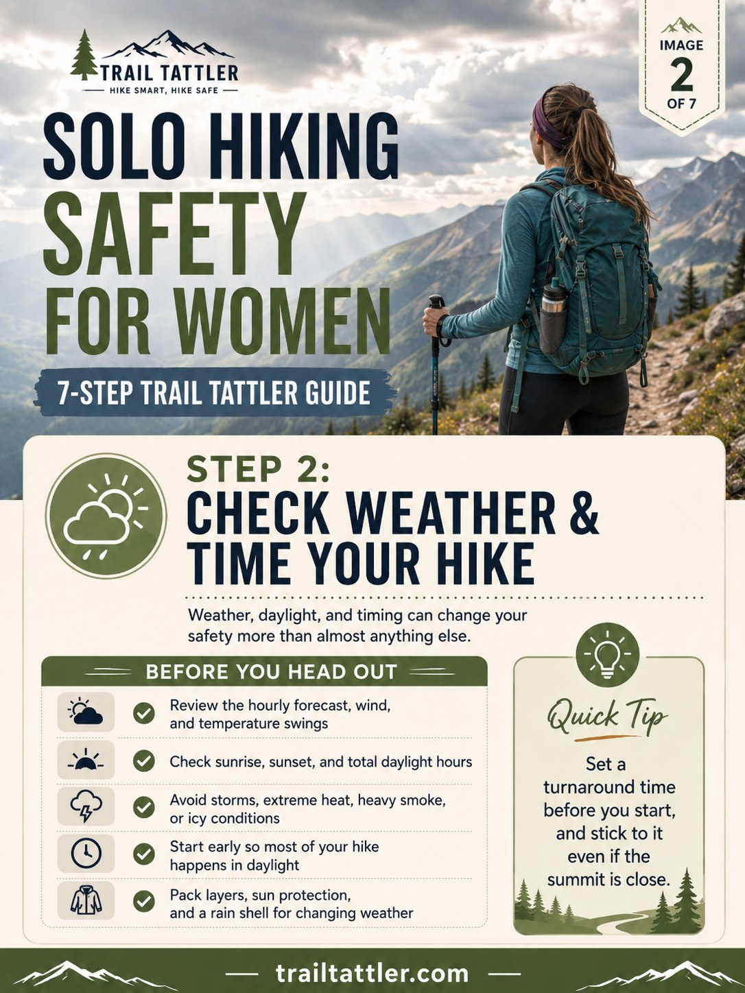 Woman with trekking poles checking weather and daylight timing before starting a solo hike