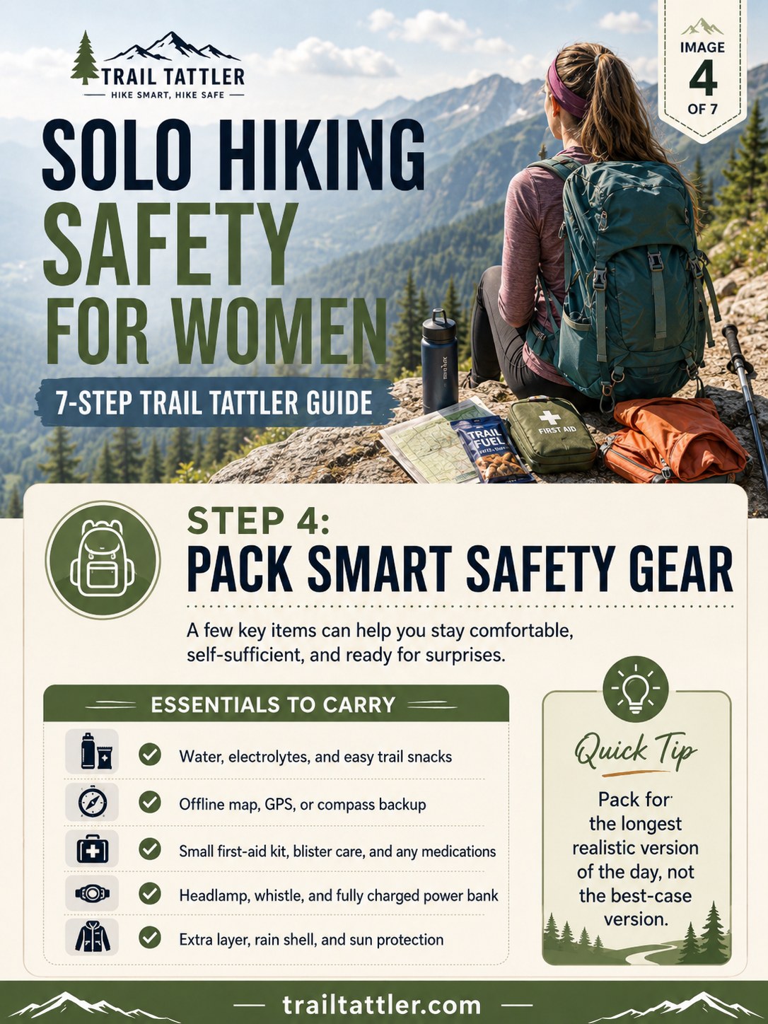 Packed safety essentials including water, offline map, first-aid kit and headlamp for a solo hike