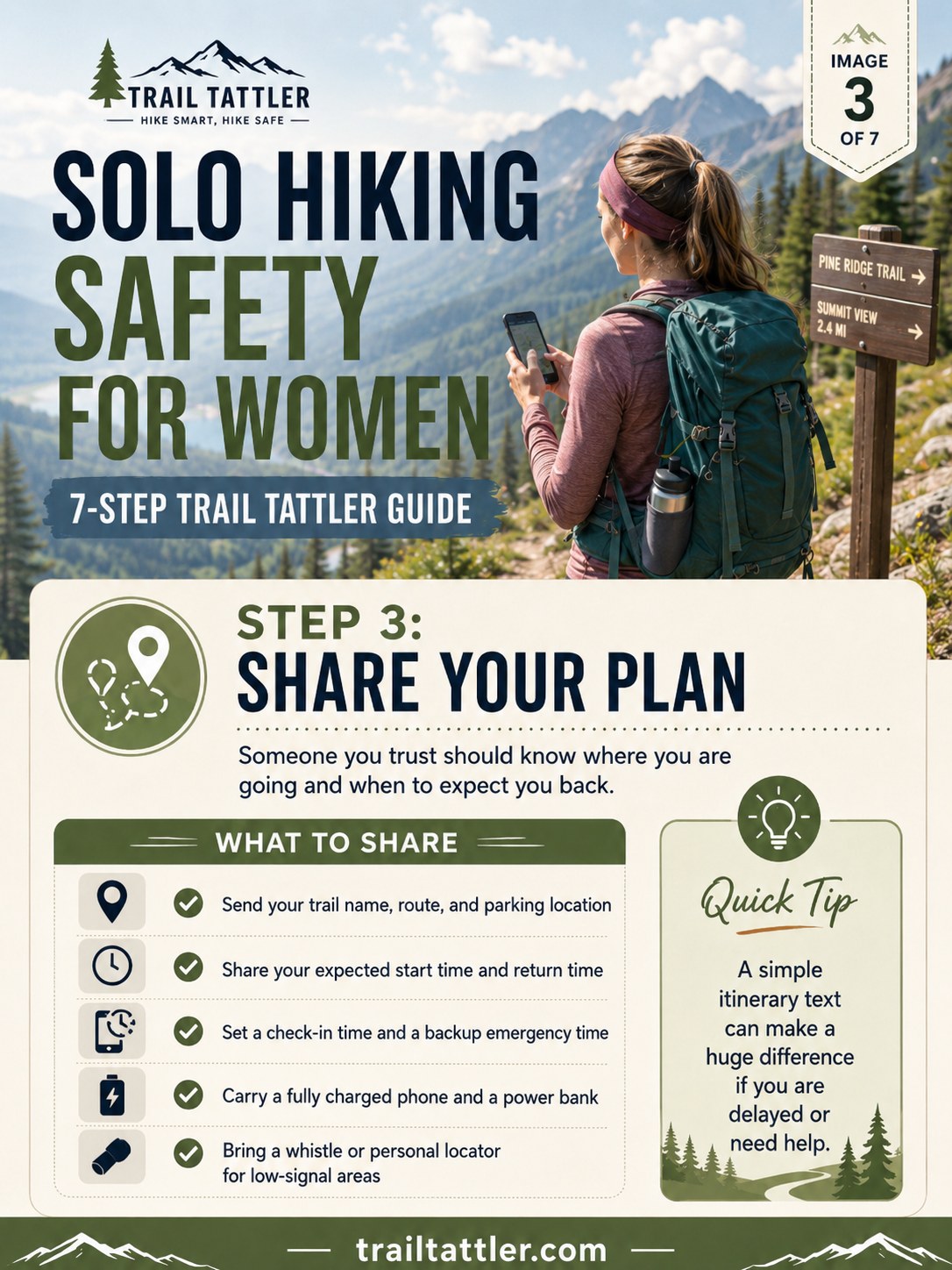 Solo hiker reviewing a trail sign and sharing her hiking plan and route details before heading out