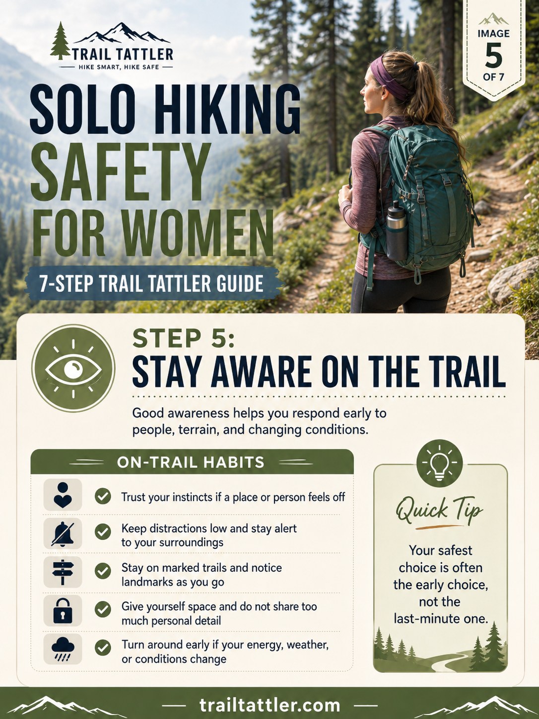 Solo female hiker staying alert and aware of her surroundings on a mountain overlook trail