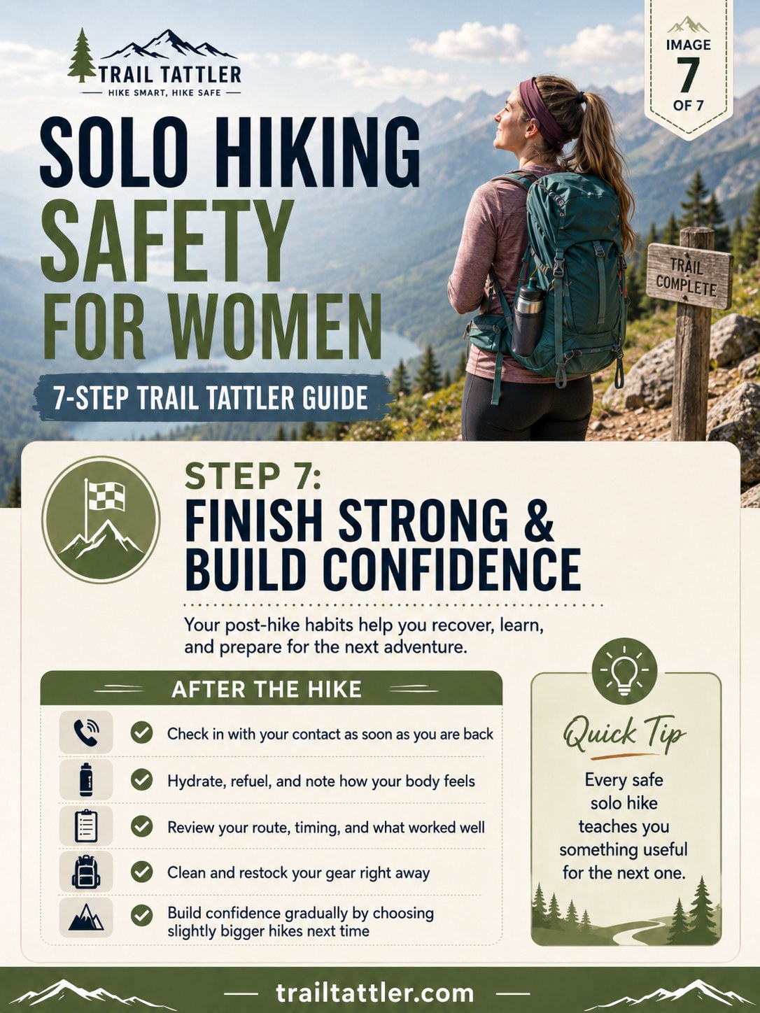 Solo hiker reaching a trail complete marker after finishing a safe solo hike alone