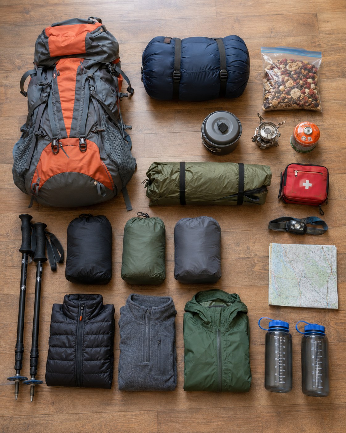 Flat lay of gear ready before learning how to pack a hiking backpack, from sleeping bag to trekking poles