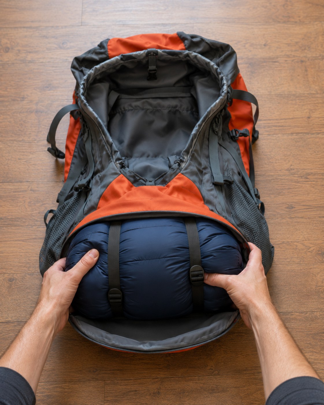 Hands compressing a navy sleeping bag into the bottom of an orange and grey hiking backpack