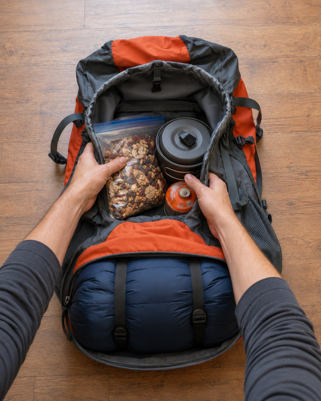 Packing trail mix, a camp stove and fuel canister on top of the sleeping bag inside the backpack
