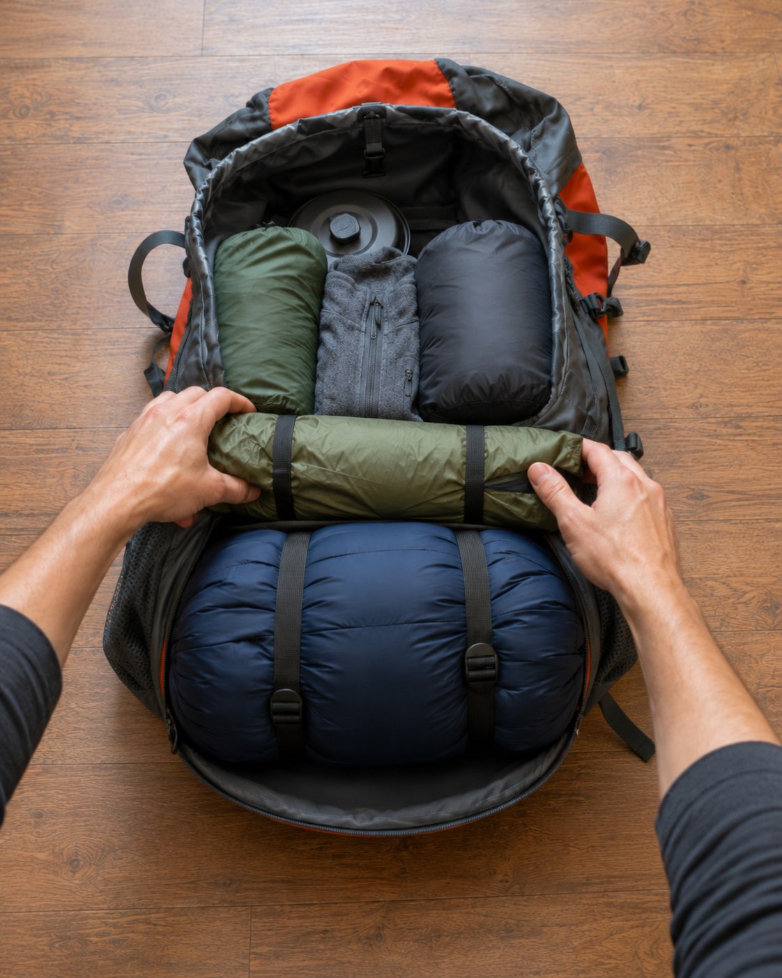 Rolled tent and stuff sacks being packed into the middle of a hiking backpack for balance