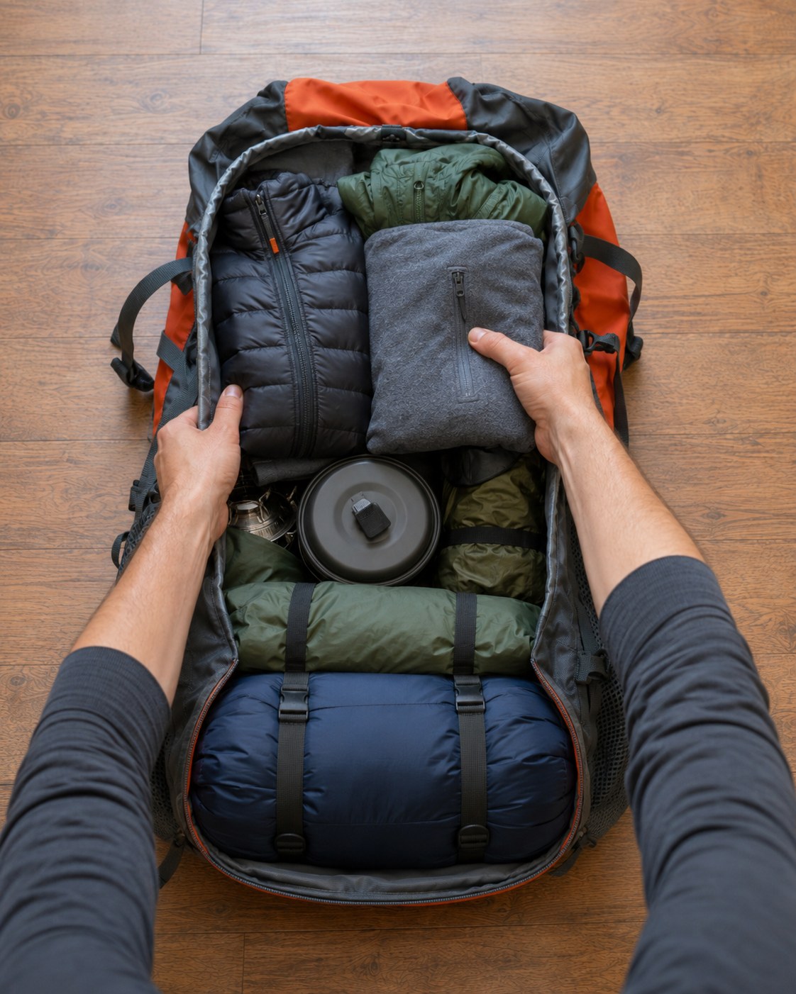 Folding an insulated jacket and fleece into the gaps of a partly packed hiking backpack