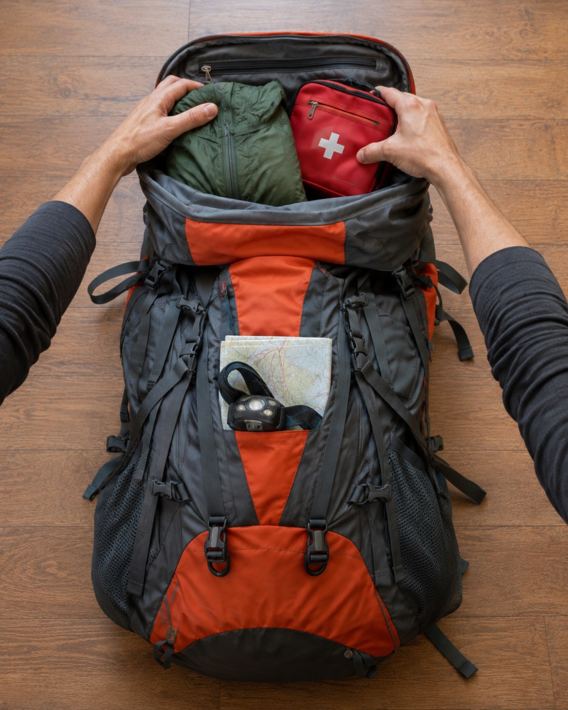 Placing a first aid kit and extra layer into the top lid pocket of a loaded hiking backpack