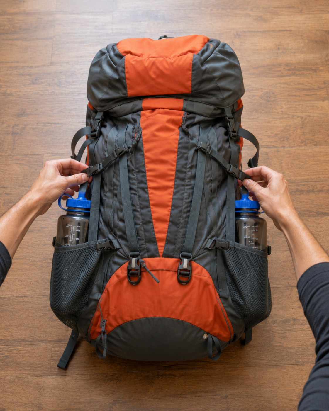 Cinching compression straps on a hiking backpack with two water bottles secured in side pockets