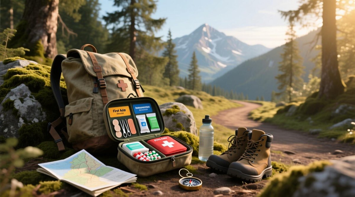 Hiking emergency gear map and first aid kit