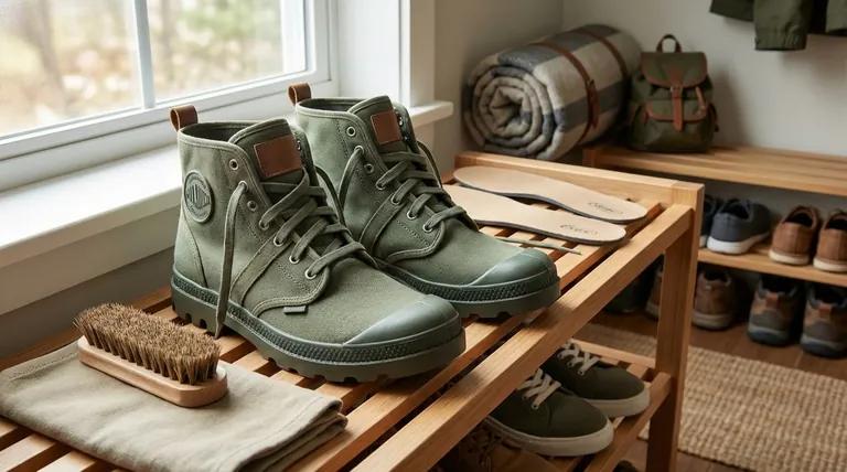 Clean hiking boots stored after trail use