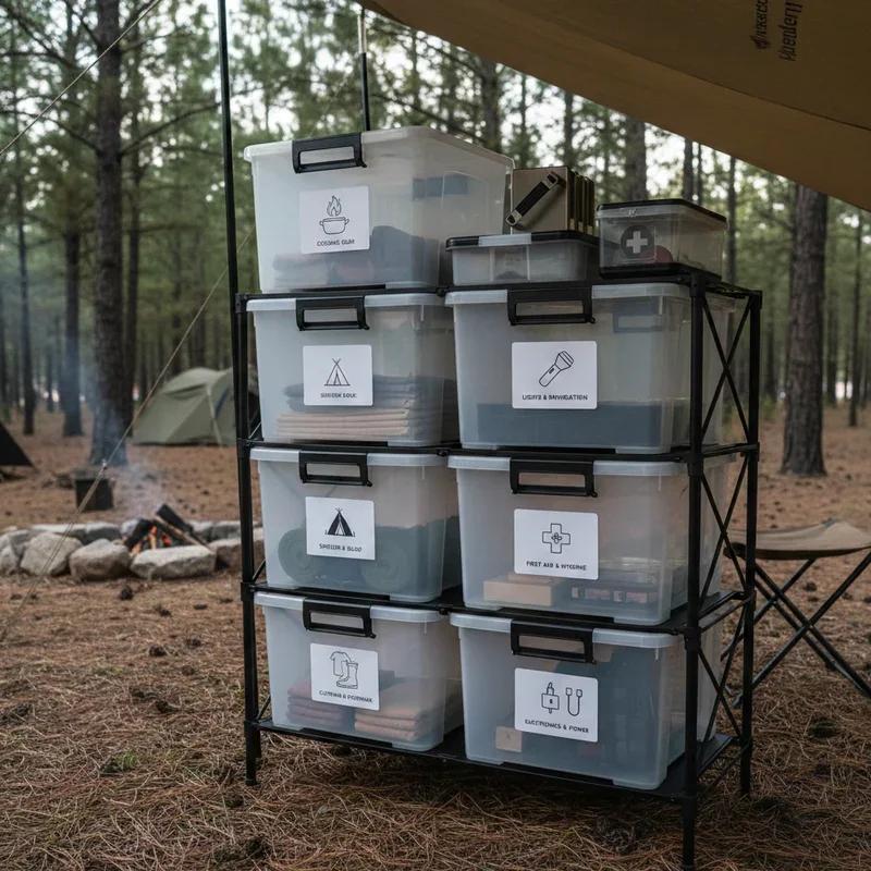Labeled bins holding hiking equipment