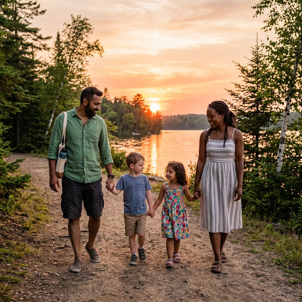 Family walking beside a calm lake trail