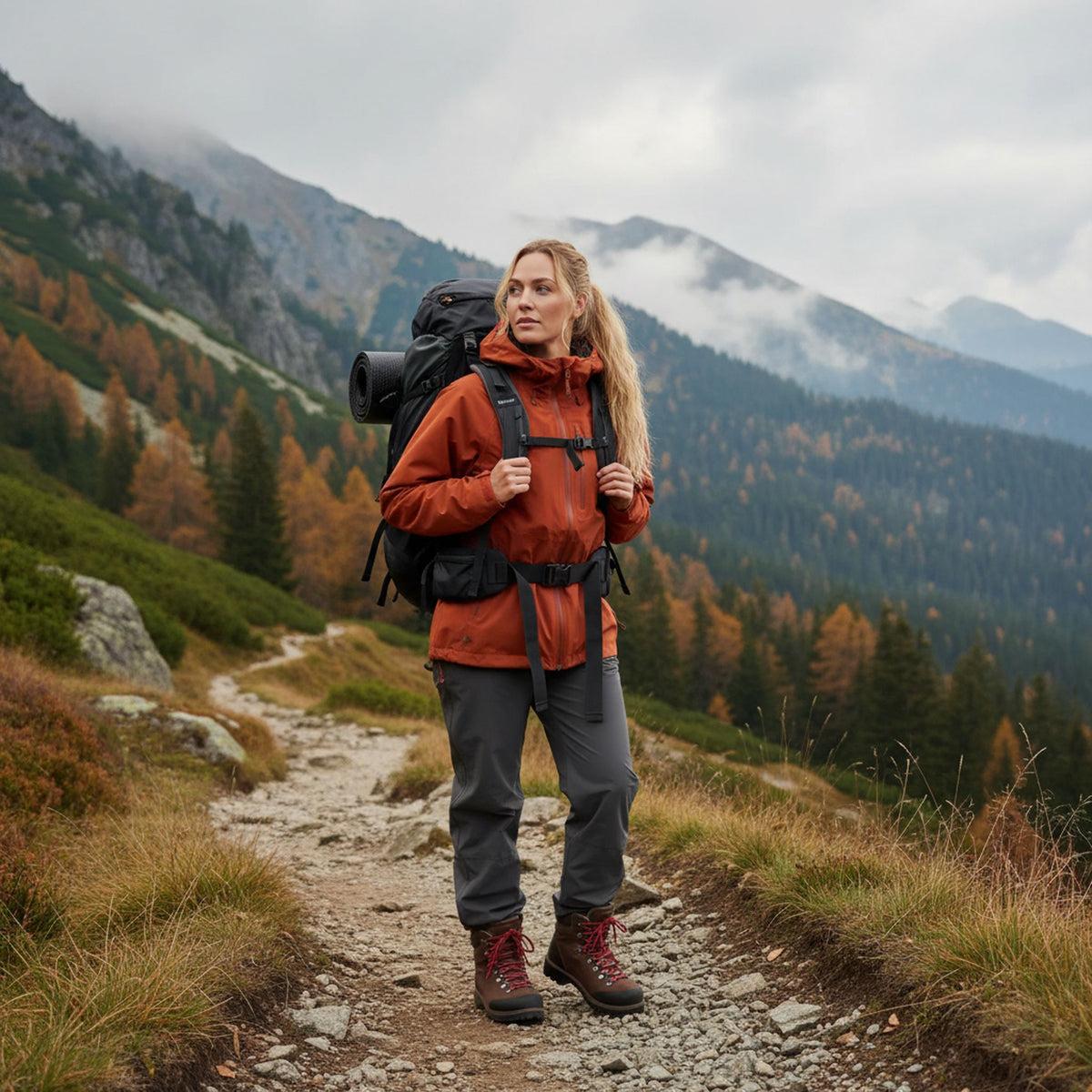 Hiker wearing autumn clothing layers
