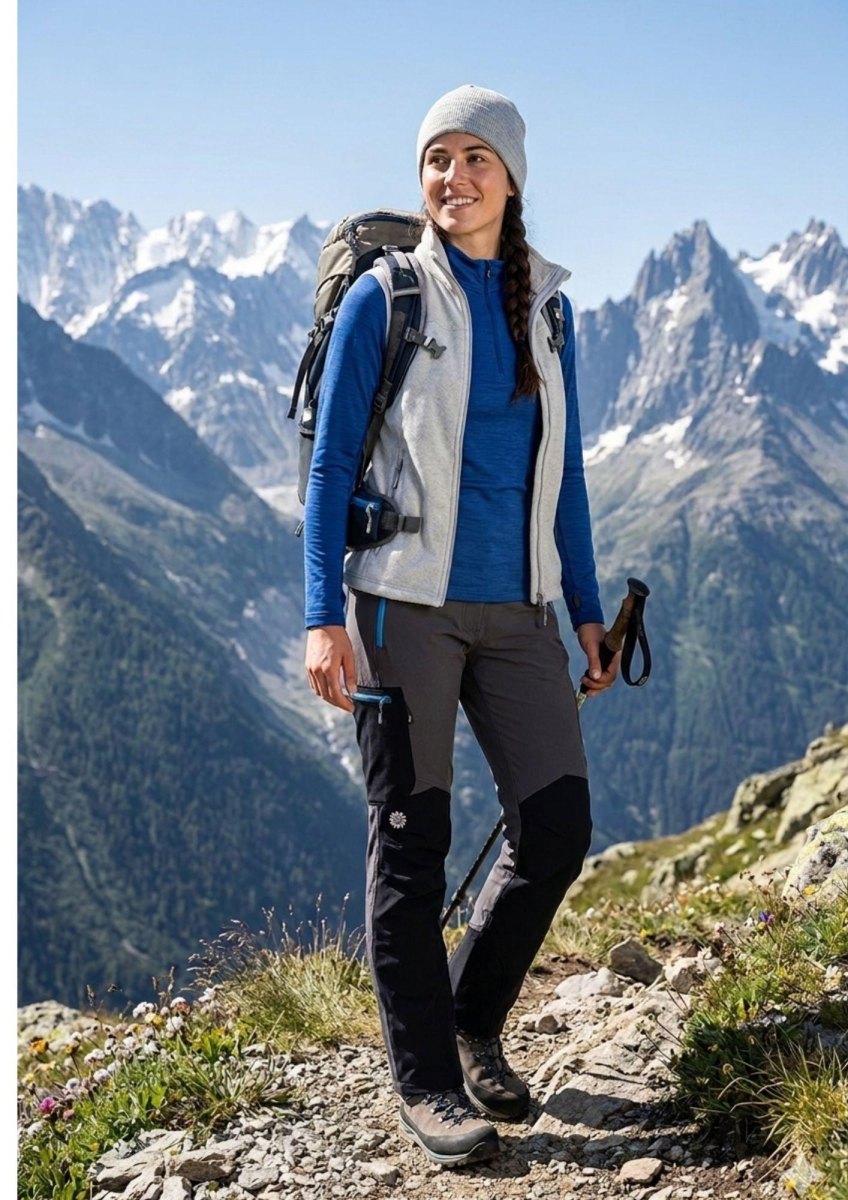 Woman wearing hiking layers in mountains
