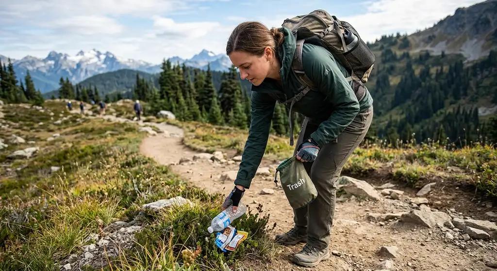 Hiker practicing trail care